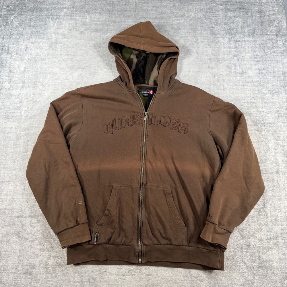 Quiksilver Sweatshirt Mens Large Brown Vtg Y2K Camo Lined Embroidered Hoodie